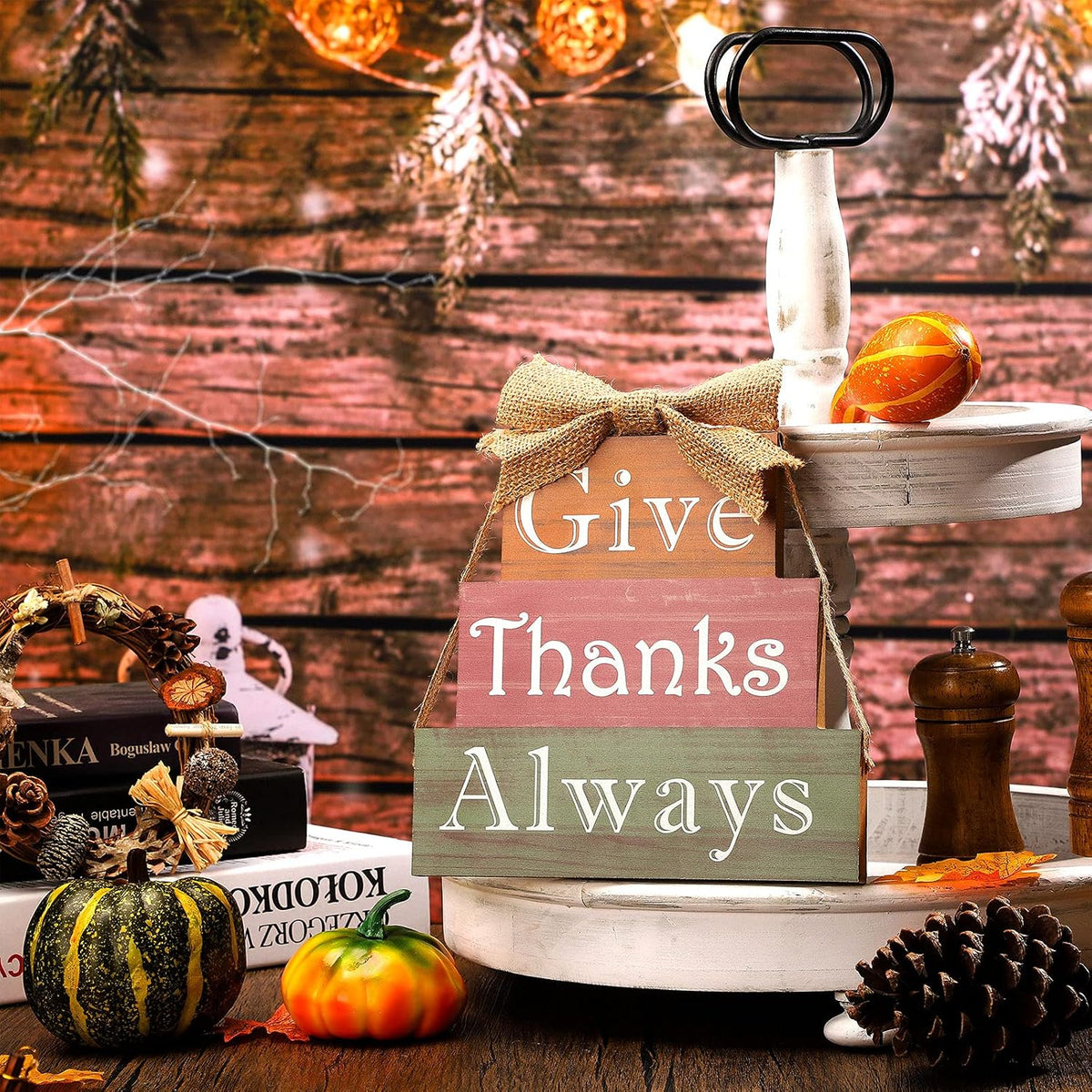 Fall Wooden Signs Thanksgiving Table Wooden Block Thanksgiving Decor Vintage Farmhouse Thanksgiving Wood Blocks for Fall Thanksgiving Decor (Thanks Series)