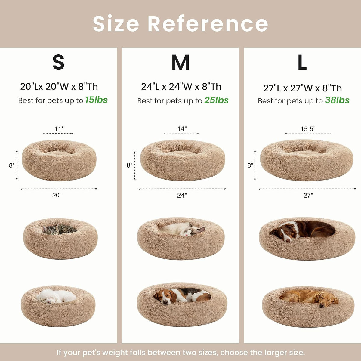 Calming Dog & Cat Bed, Cat Bed for Indoor Cats, Anti-Anxiety Donut round Bed, Fluffy Warming Pet Bed for Small Medium Dogs and Cats, Beige Taupe 20"/24"