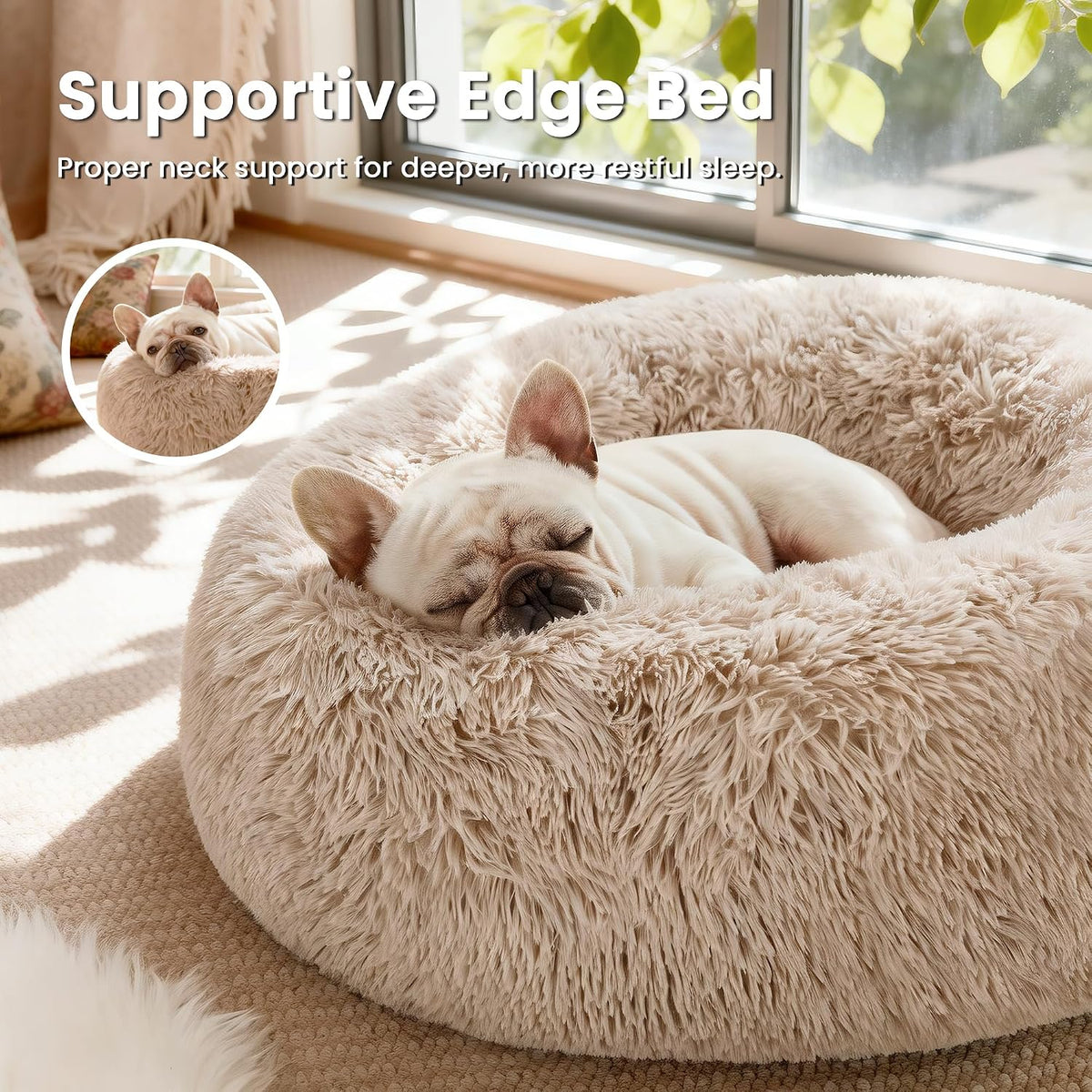 Calming Dog & Cat Bed, Cat Bed for Indoor Cats, Anti-Anxiety Donut round Bed, Fluffy Warming Pet Bed for Small Medium Dogs and Cats, Beige Taupe 20"/24"